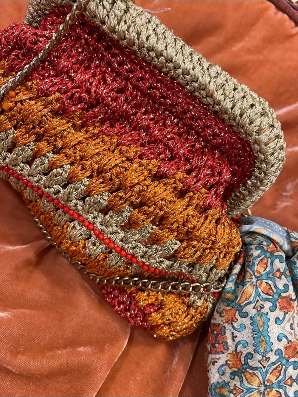 Free People Crocheted Crossbody Bag in Red, Orange, Tan - Picture 2 of 12